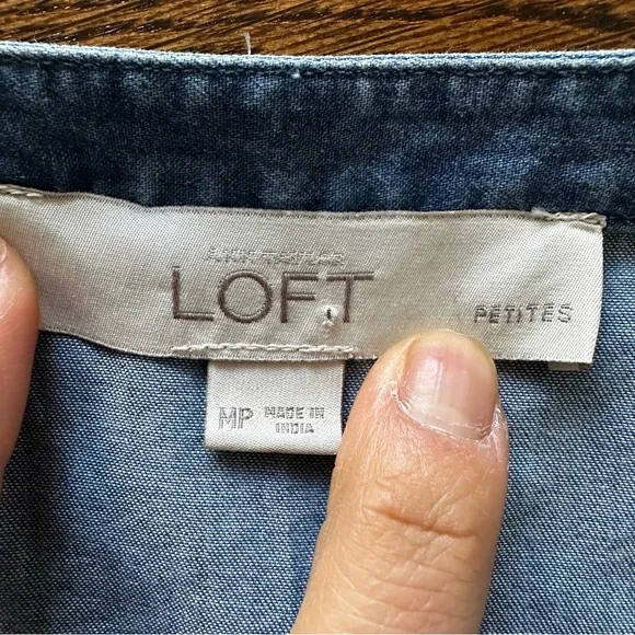 LOFT Blue Denim Chambray Mini Summer Shift Dress with ruffle sleeves & tassels - Picture 7 of 16